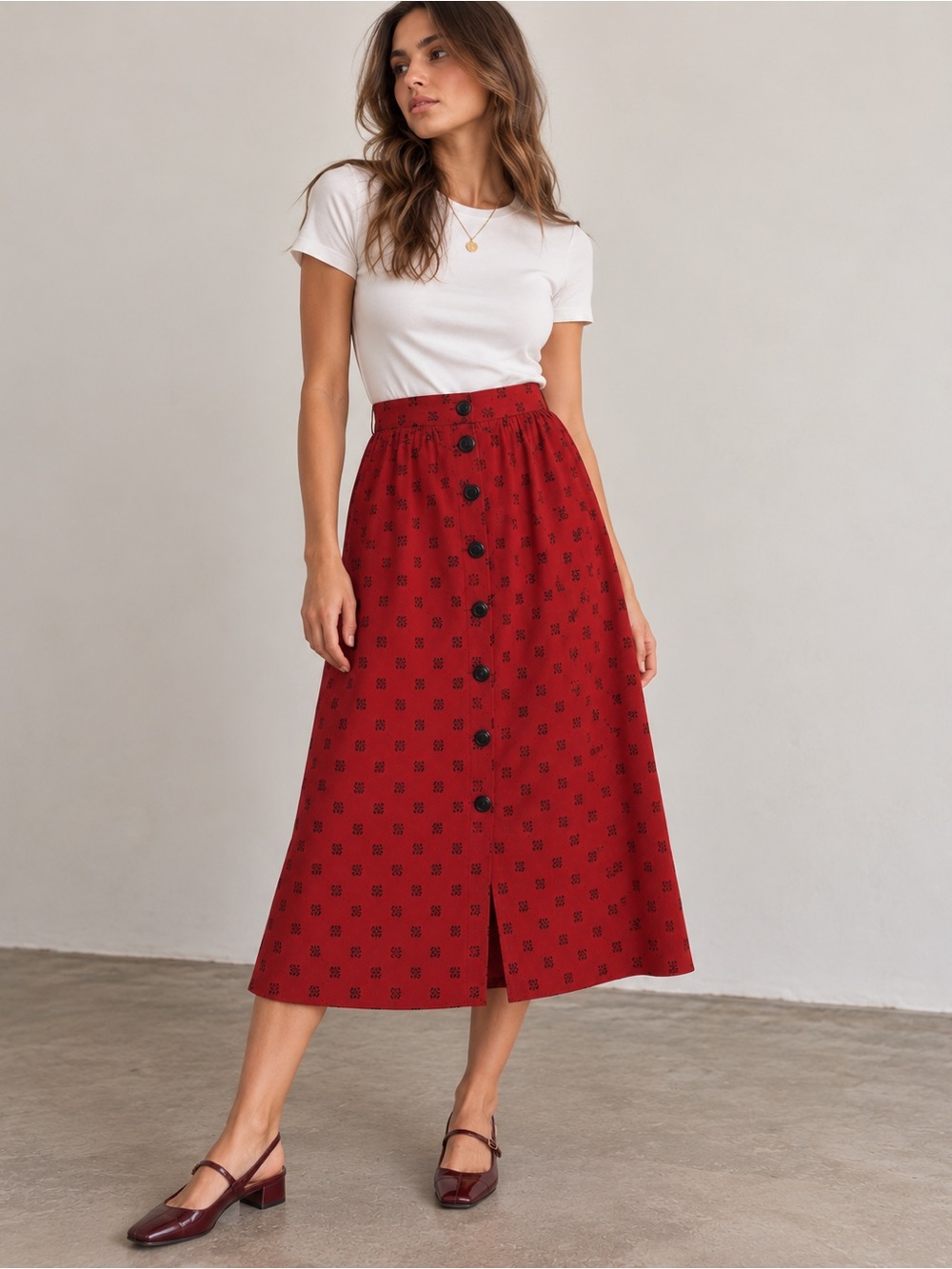 Vintage David Warren Red Button-Front Midi Skirt Size 16 Fits M 8–10